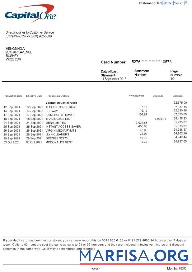 Downloadable USA Capital One bank statement word version 2 download for verification
